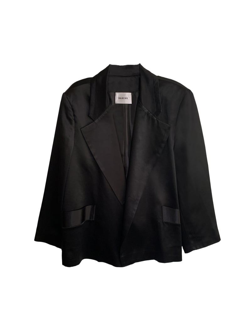 Front of a size 5 The Lexi Satin Blazer - Black in Black by BAACAL. | dia_product_style_image_id:347088